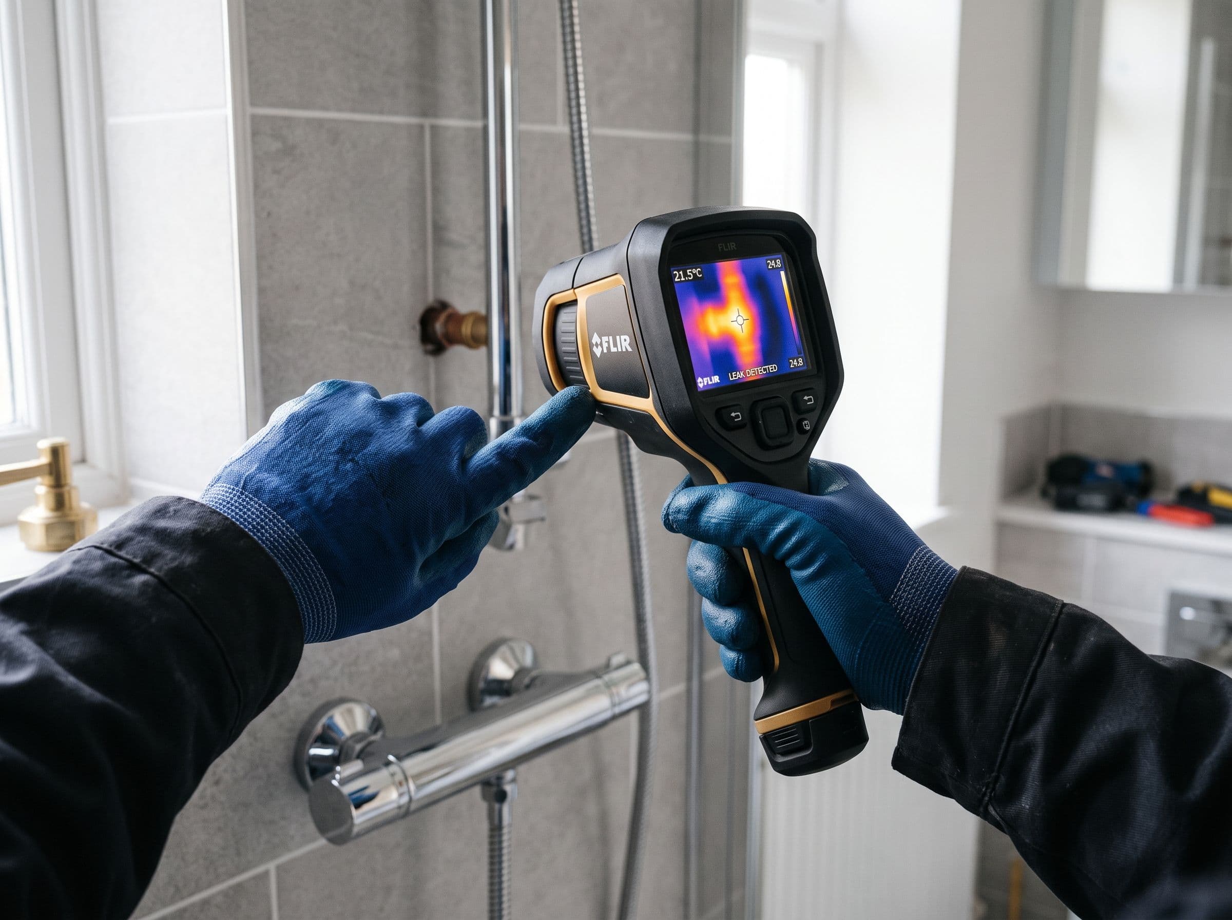 Technicien AquaLux utilisant une caméra thermique FLIR pour localiser une fuite